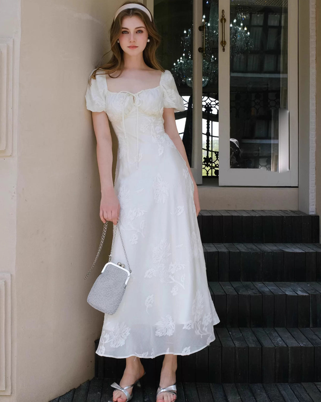 Mira Floral Jacquard Tiered Midi Dress Ivory