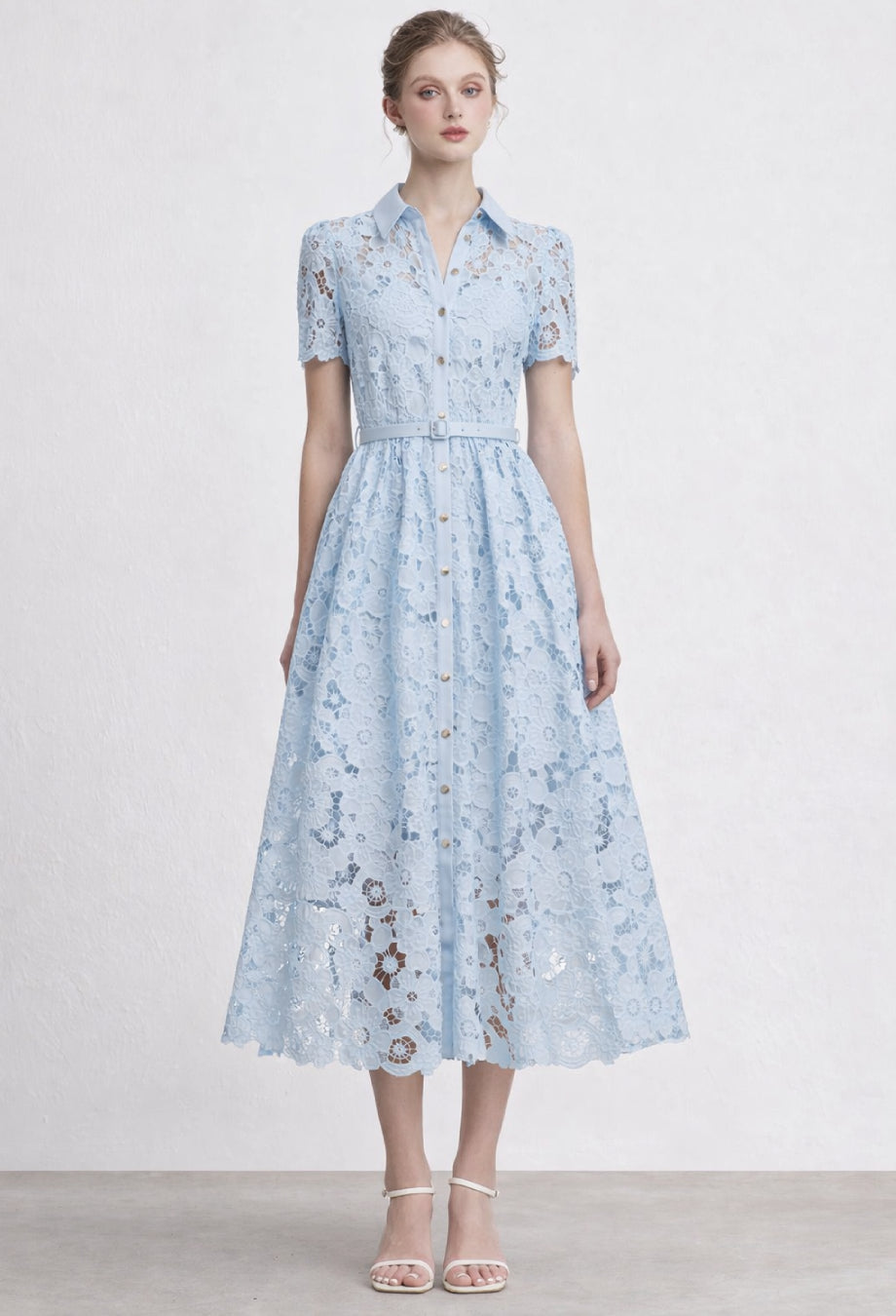Miranda Floral Lace Collared Midi Dress Baby Blue