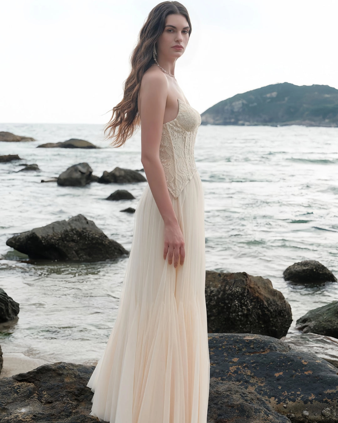 Oakley Lace Corset Tulle Maxi Dress Ivory