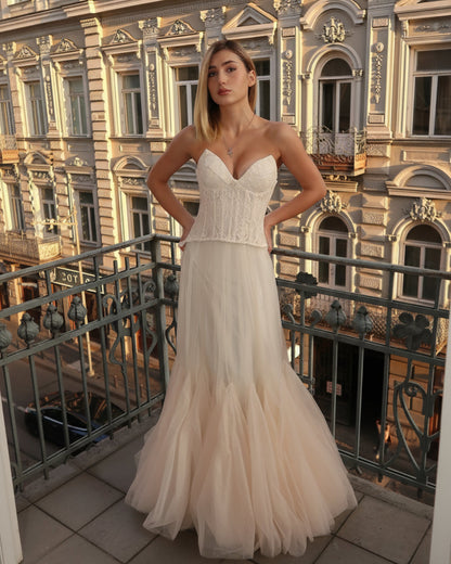 Oakley Lace Corset Tulle Maxi Dress Ivory