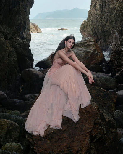 Oakley Lace Corset Tulle Maxi Dress Blush