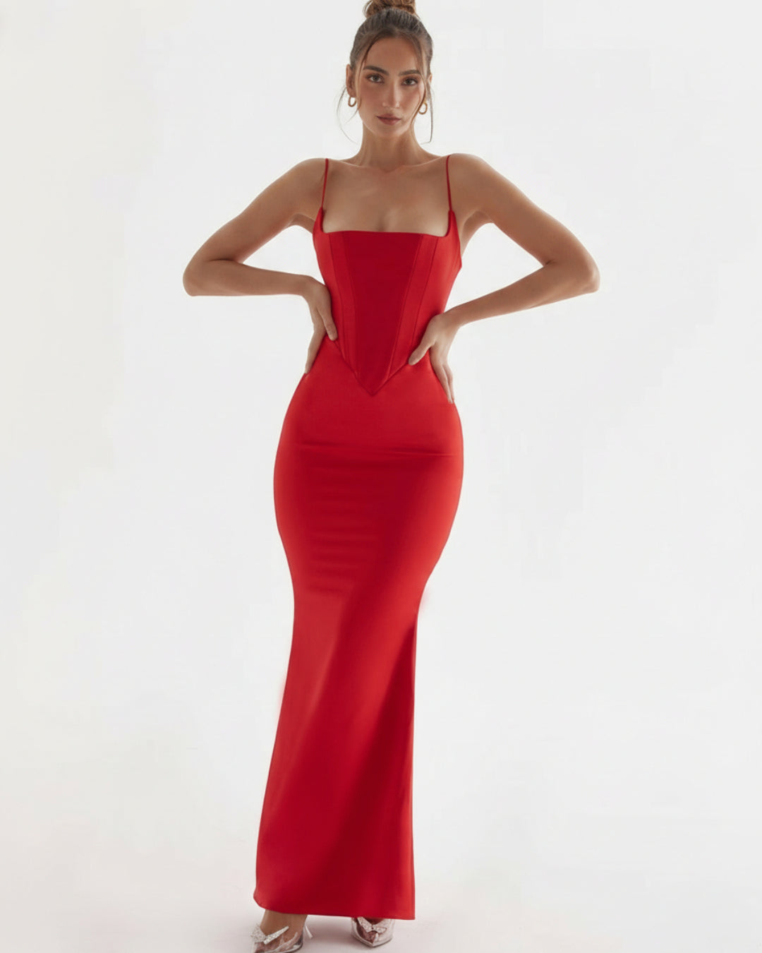 Olivette Satin Corset Maxi Dress Red