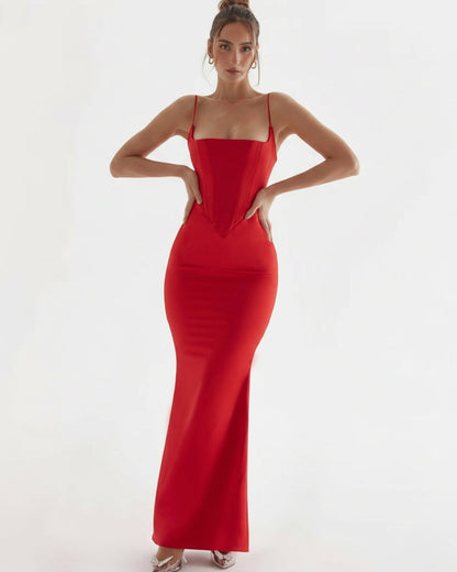 Olivette Satin Corset Maxi Dress Red