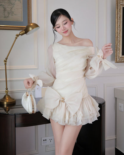Ruby Bow Asymmetric Puffy Mini Dress Ivory