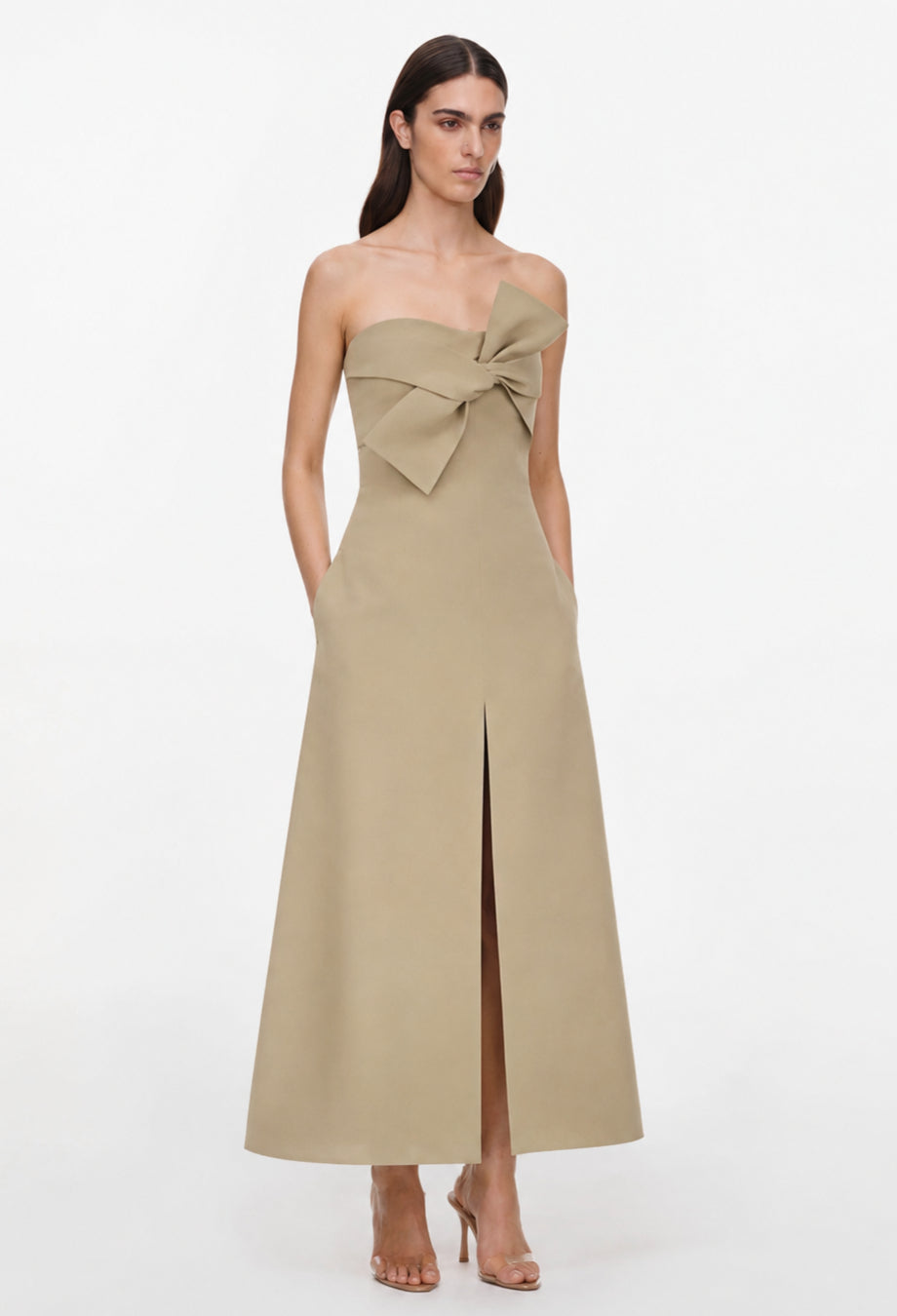 Salma Khaki Beige Strapless Midi Dress with Front Bow