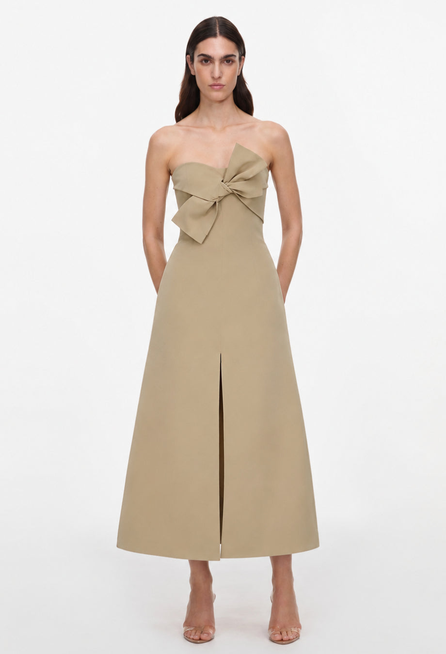 Salma Khaki Beige Strapless Midi Dress with Front Bow