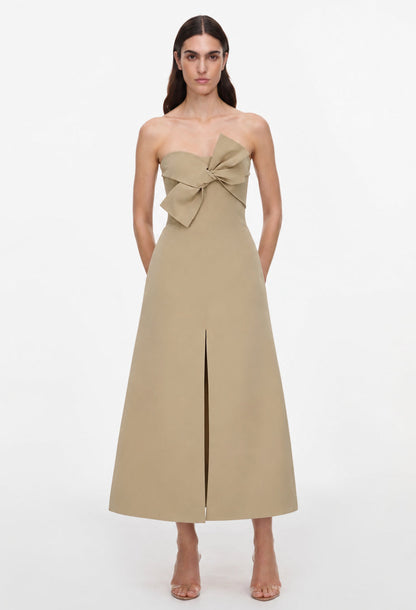 Salma Khaki Beige Strapless Midi Dress with Front Bow