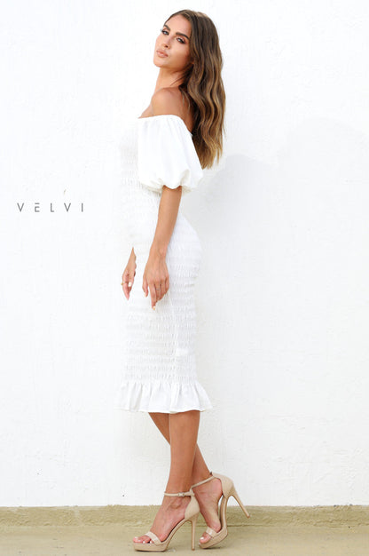 Skyla Shirred Midi Dress WHITE