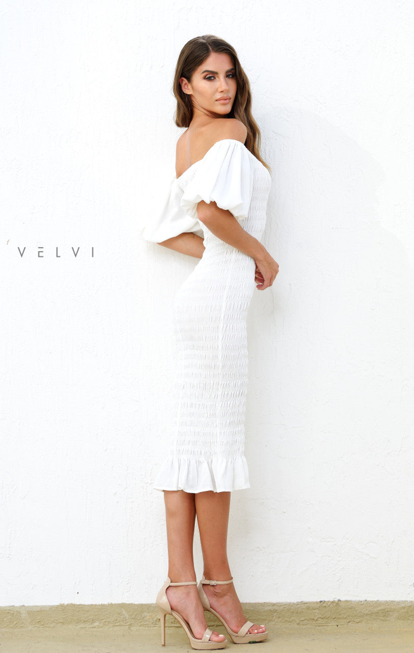 Skyla Shirred Midi Dress WHITE