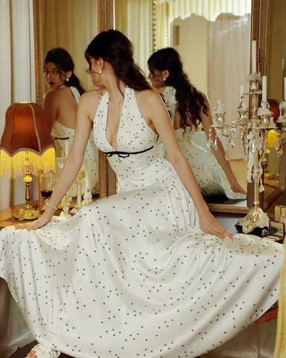 Solada Polka Dot Halter Maxi Dress White