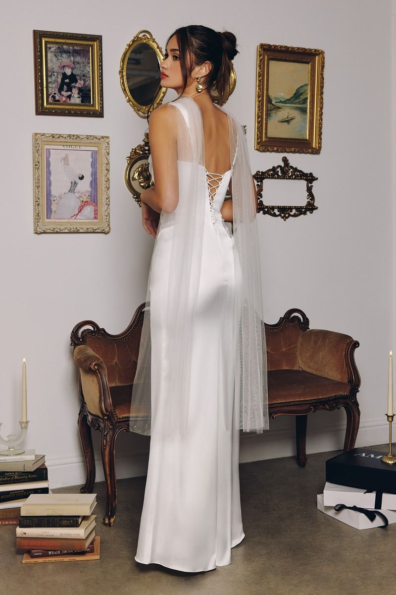 Toby Maxi Off White Satin Dress with Lace Up Back & Scarf