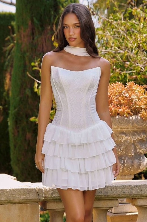Janet Mini Dress Ruffle & Lace Cocktail Dress With Scarf
