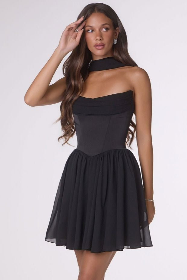 Reese Mini Dress Chiffon & Satin Cocktail Dress With Scarf