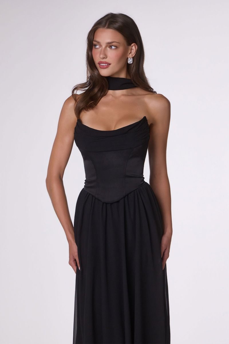 Reese Gown Satin & Chiffon Dress With Scarf