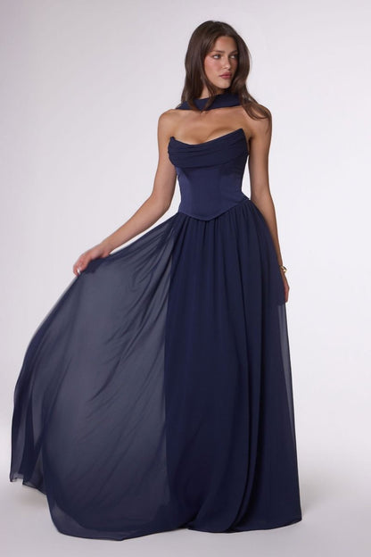 Reese Gown Satin & Chiffon Dress With Scarf