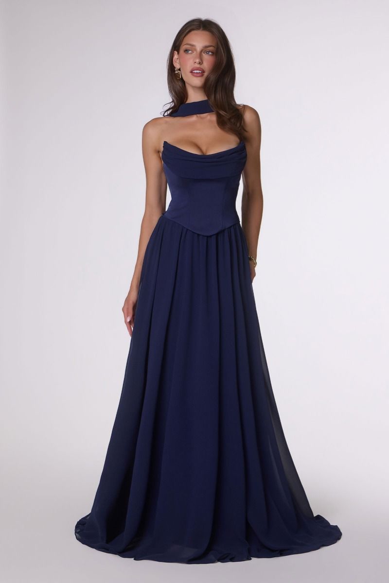 Reese Gown Satin & Chiffon Dress With Scarf