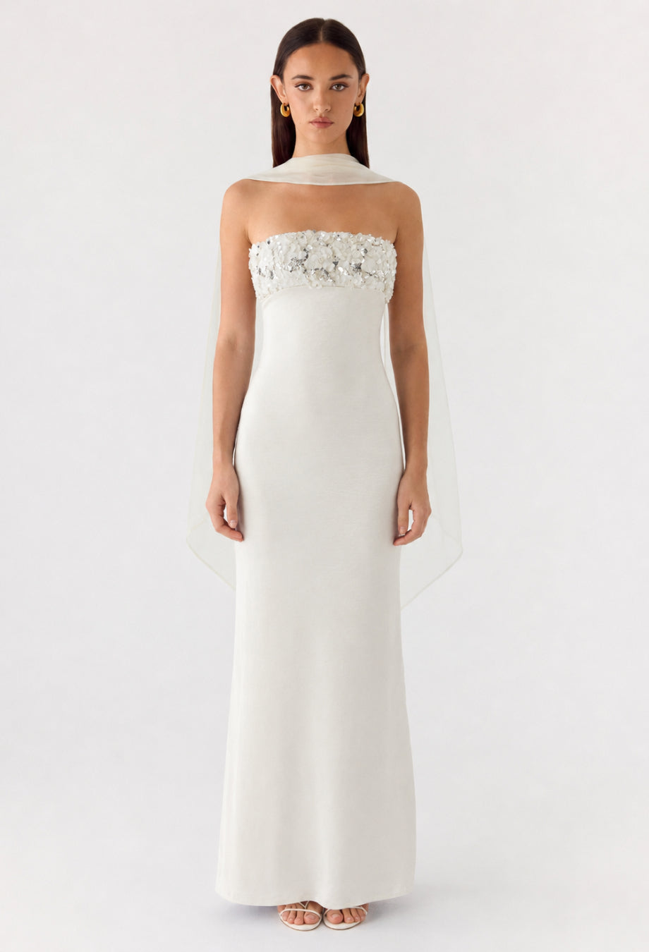 Taylor White Strapless Sequin Maxi Dress with Scarf