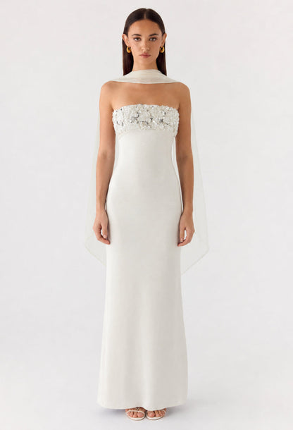 Taylor White Strapless Sequin Maxi Dress with Scarf