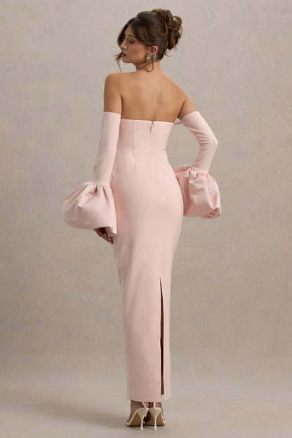 Myah | Pink Bandeau Long-Sleeve Maxi Dress With Puff Cuffs