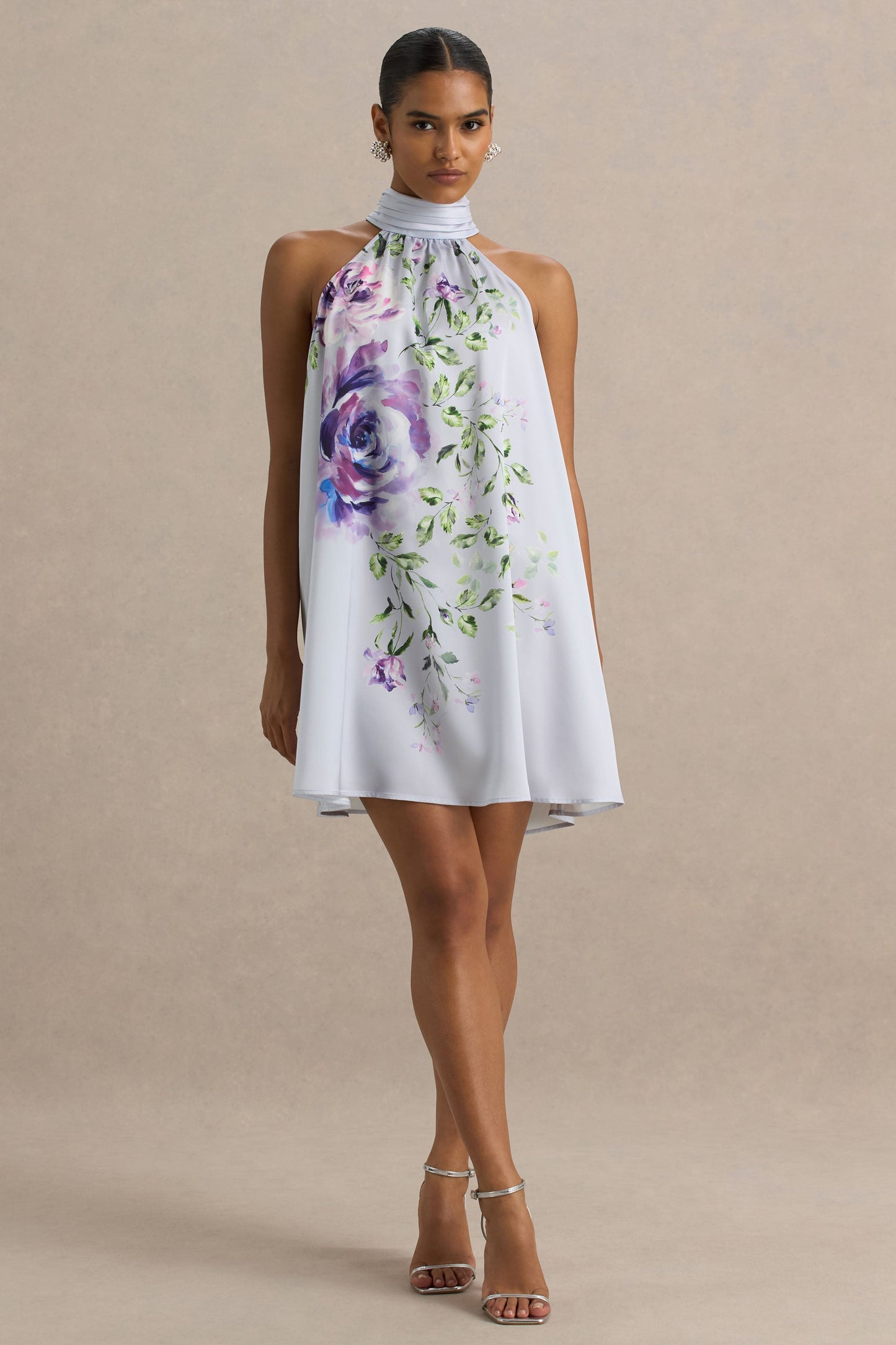 Evita | Powder Blue Rose Print High-Neck A- Mini Dress With Bow
