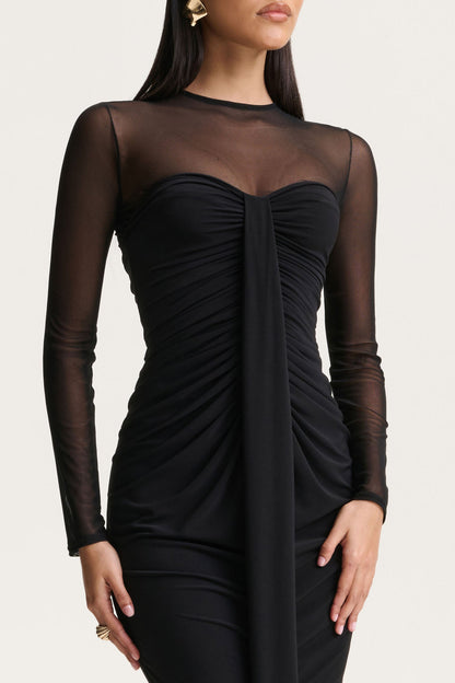 Cadenza | Black Crew-Neck Maxi Dress With Mesh And Gathered-Detailing