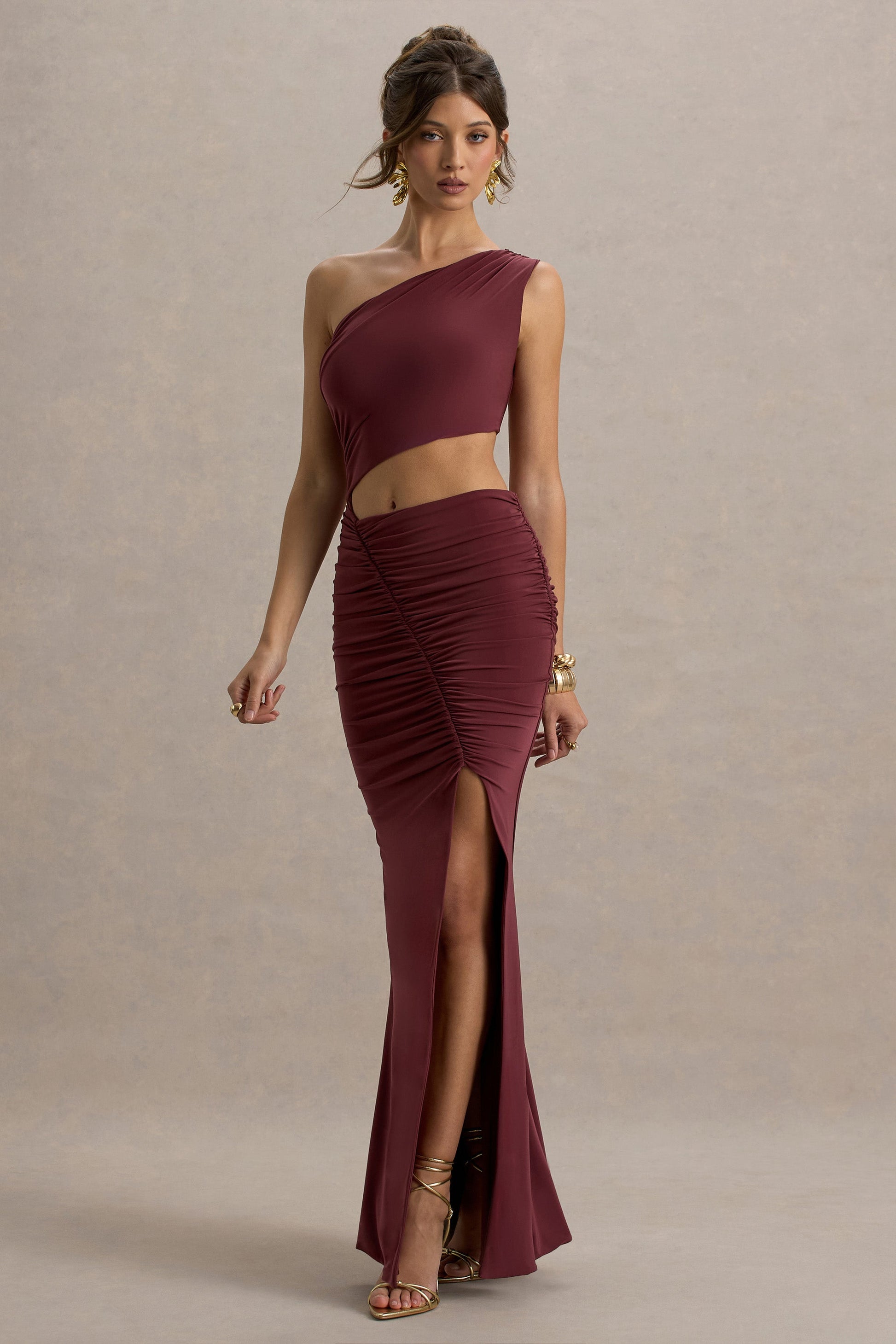 Sena | Burgundy Asymmetric Maxi Dress With Cut Out Details