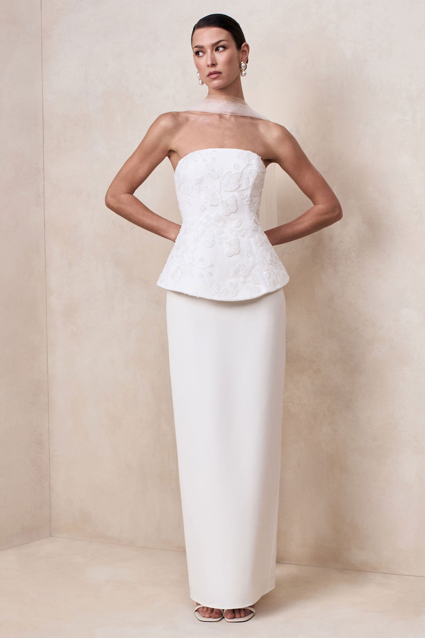Naira | White Satin Bandeau Corset Maxi Dress With Sheer Scarf