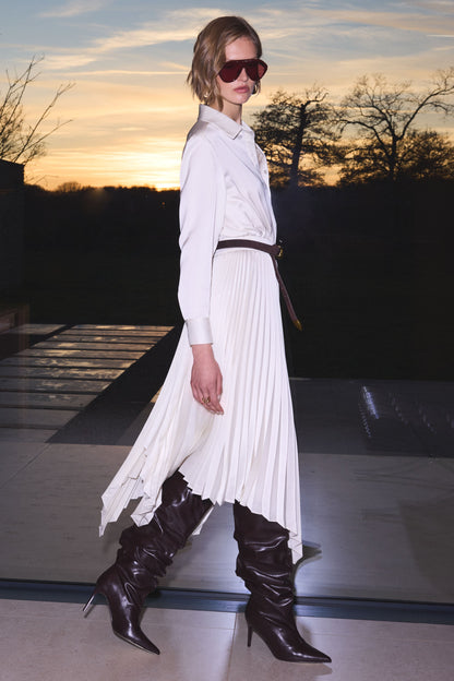 Naxos | Cream Satin Shirt Maxi Dress With Pleated Skirt