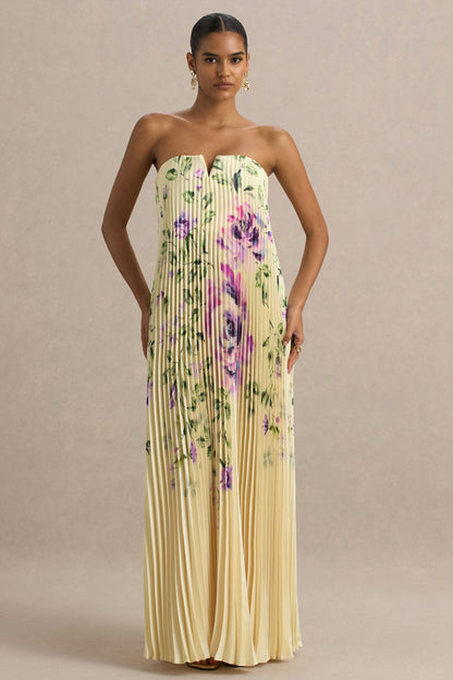 Bergamot | Lemon Rose Print Satin Sweetheart Maxi Dress