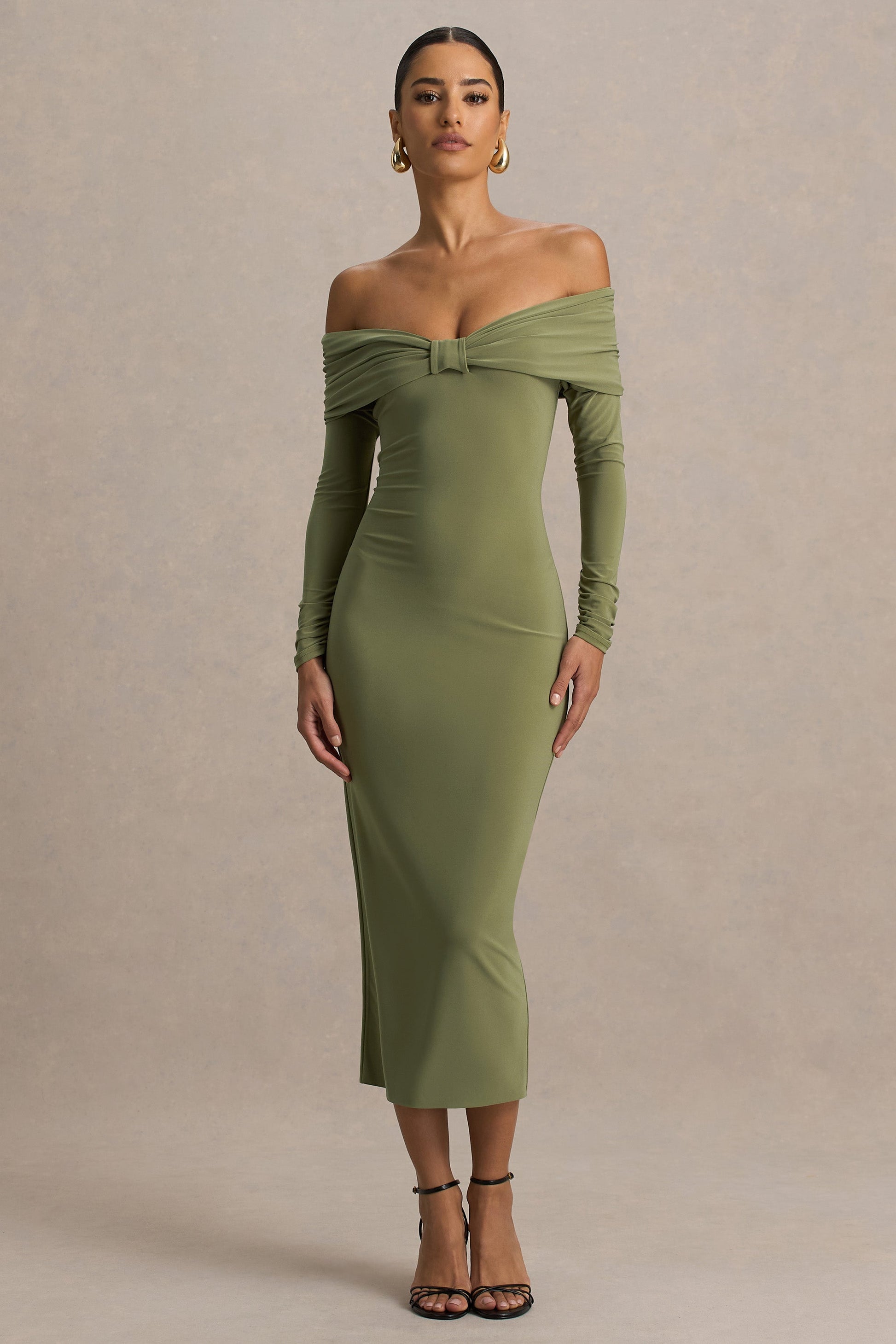 Spark | Olive Bardot-Neck Midi Dress With Bow Detail