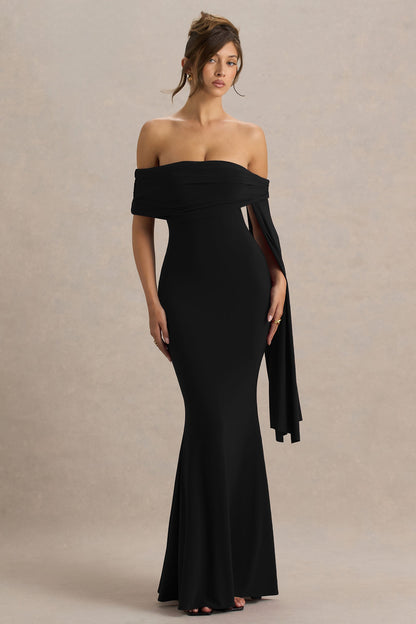 Saffina | Black Bardot-Neck Maxi Dress With Sash Detail