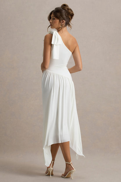 Lotus Love | White One-Shoulder Hanky-Hem Maxi Dress With Bow