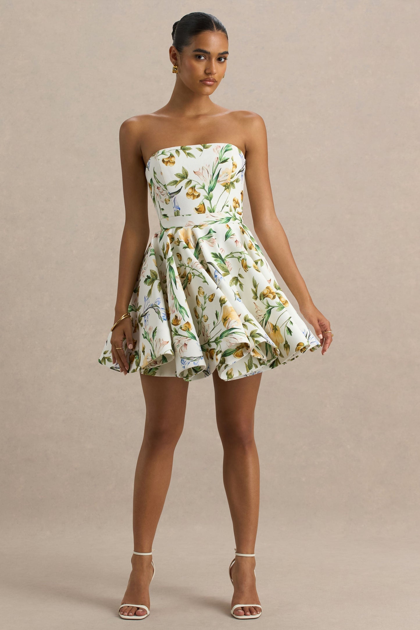 Valerian | Lemon Floral Print Bandeau Mini Dress With Ruffle Hem