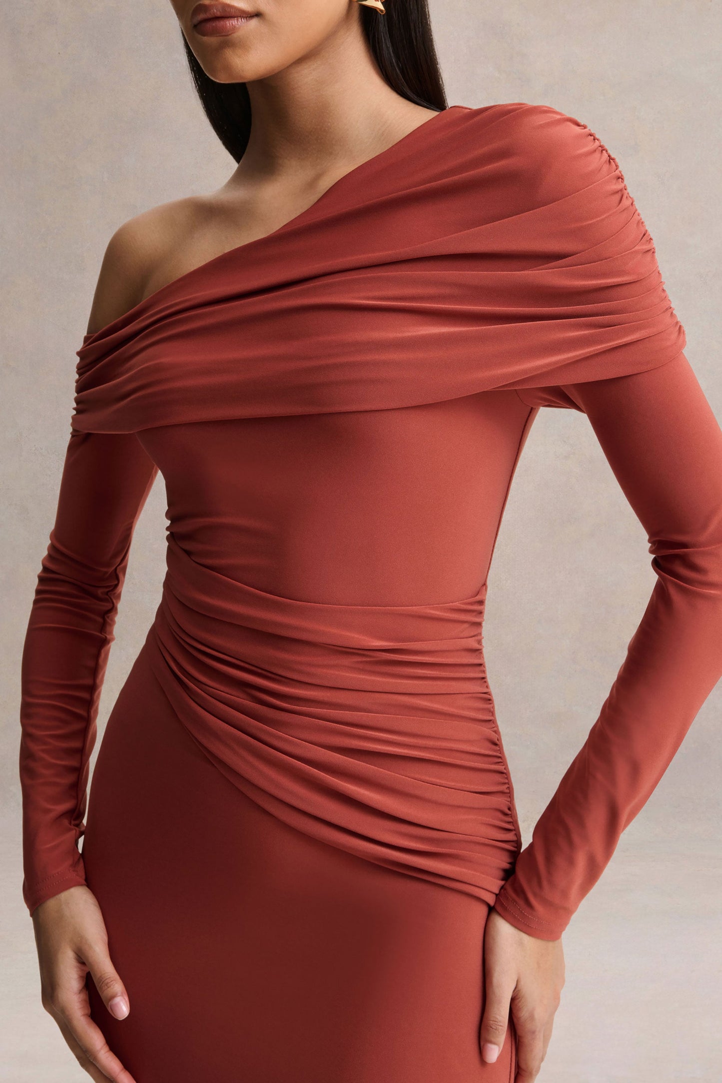 Elliora | Rust Asymmetric-Neck Midi Dress