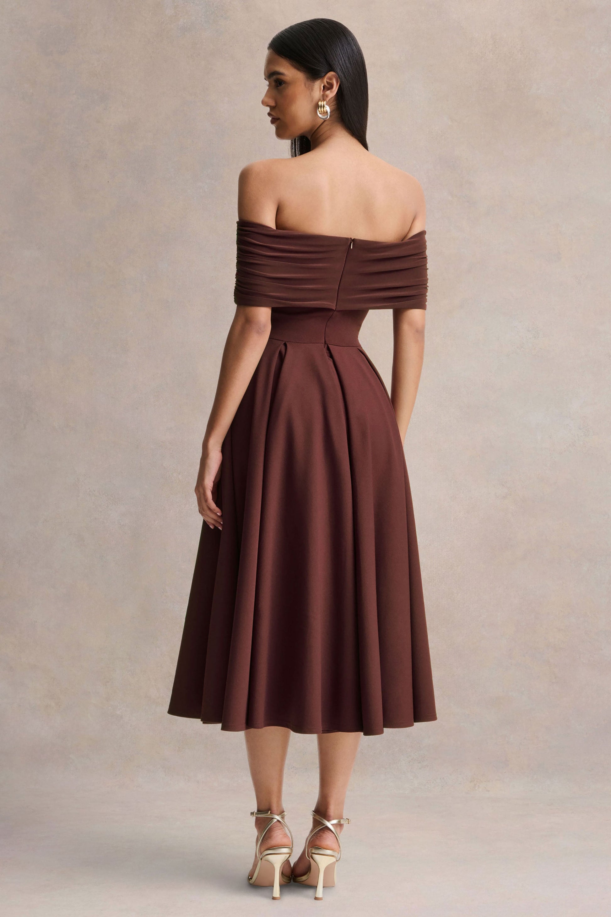 Dearest | Brown Bardot-Neck Midi Dress