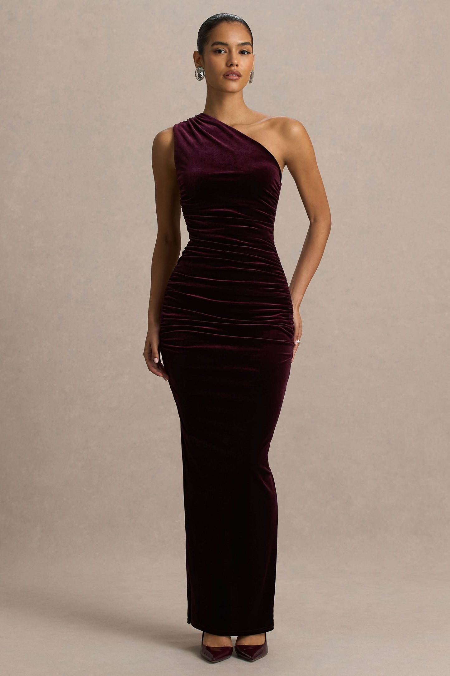 Treat | Burgundy Velvet Asymmetric-Neck Maxi Dress With Ruched Detailing