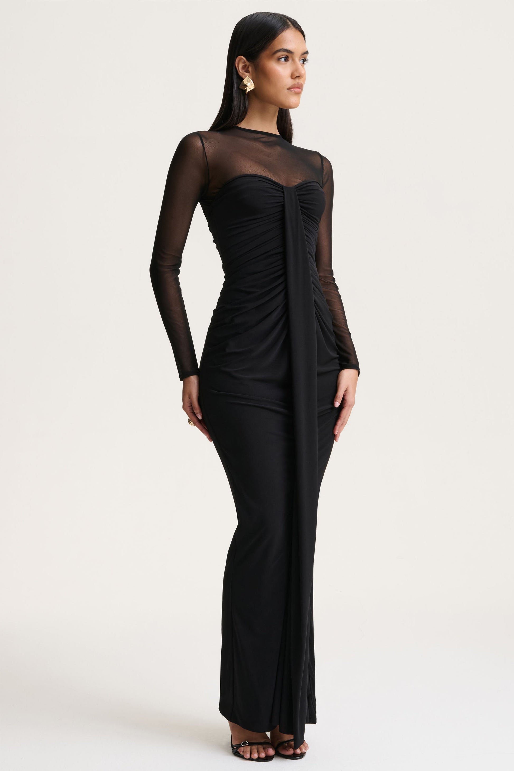 Cadenza | Black Crew-Neck Maxi Dress With Mesh And Gathered-Detailing