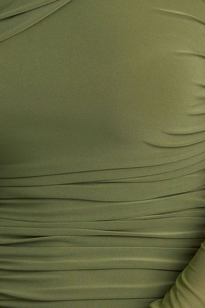 Gina | Olive Asymmetric-Neck Ruched Mini Dress