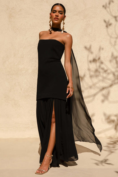 Kylie | Black High-Neck Maxi Dress With Chiffon Skirt
