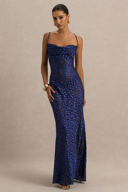Marya | Blue Leopard Print Cowl-Neck Slip-Maxi Dress