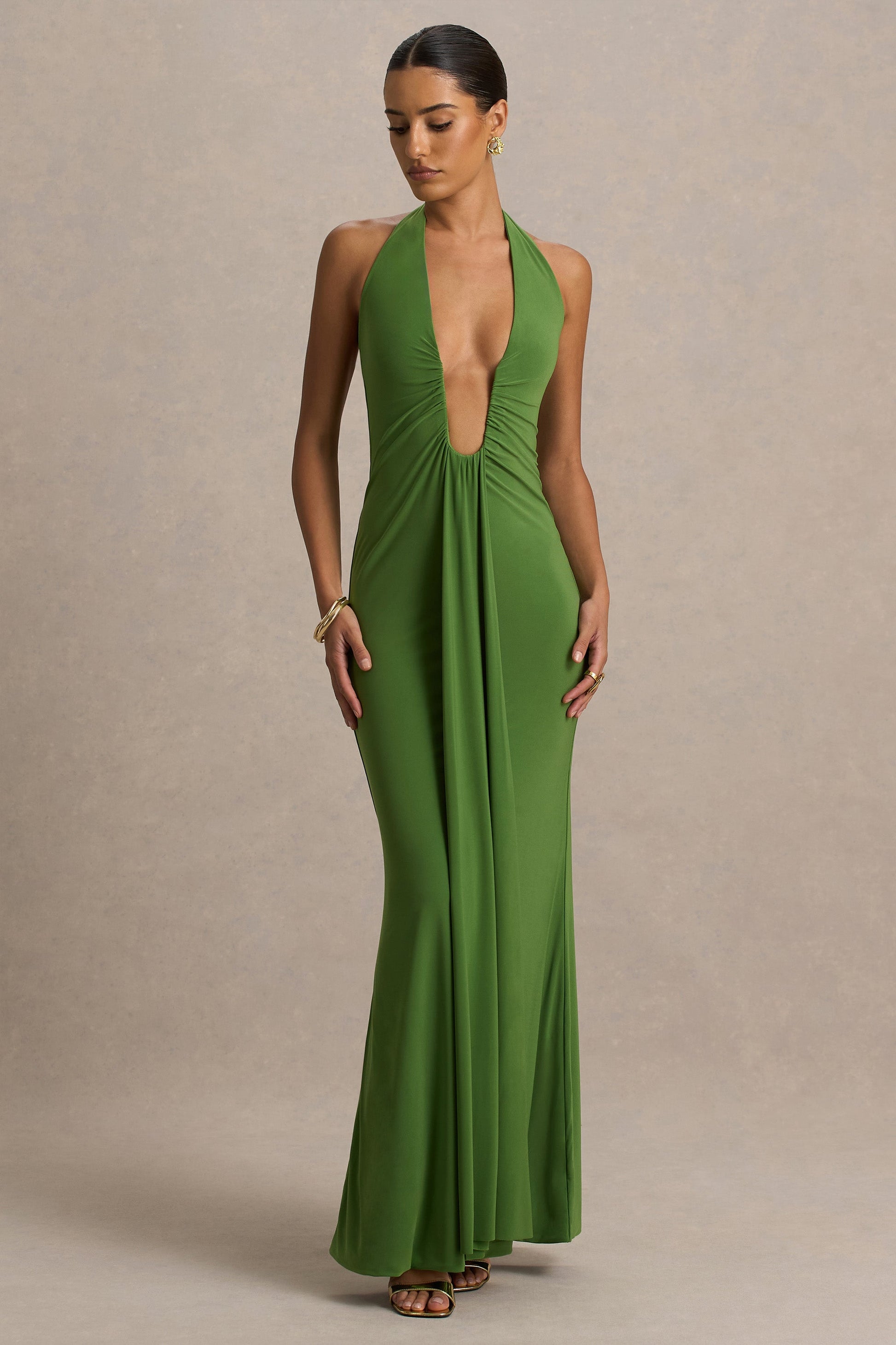 Hera | Green Extreme Plunge Maxi Dress With Ruched Detail