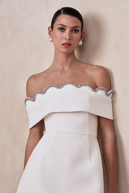 Norella | White Scalloped Bardot-Neck Mini Dress