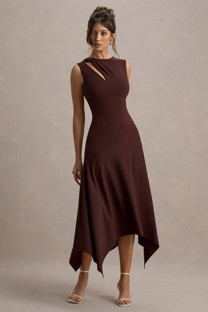 Francesca | Brown Knotted Midi Dress With Handkerchief Hem