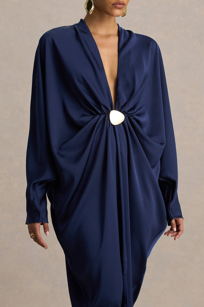 Tina | Navy Satin Plunge-Neck Embellished Maxi Dress
