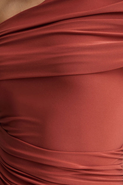 Elliora | Rust Asymmetric-Neck Midi Dress