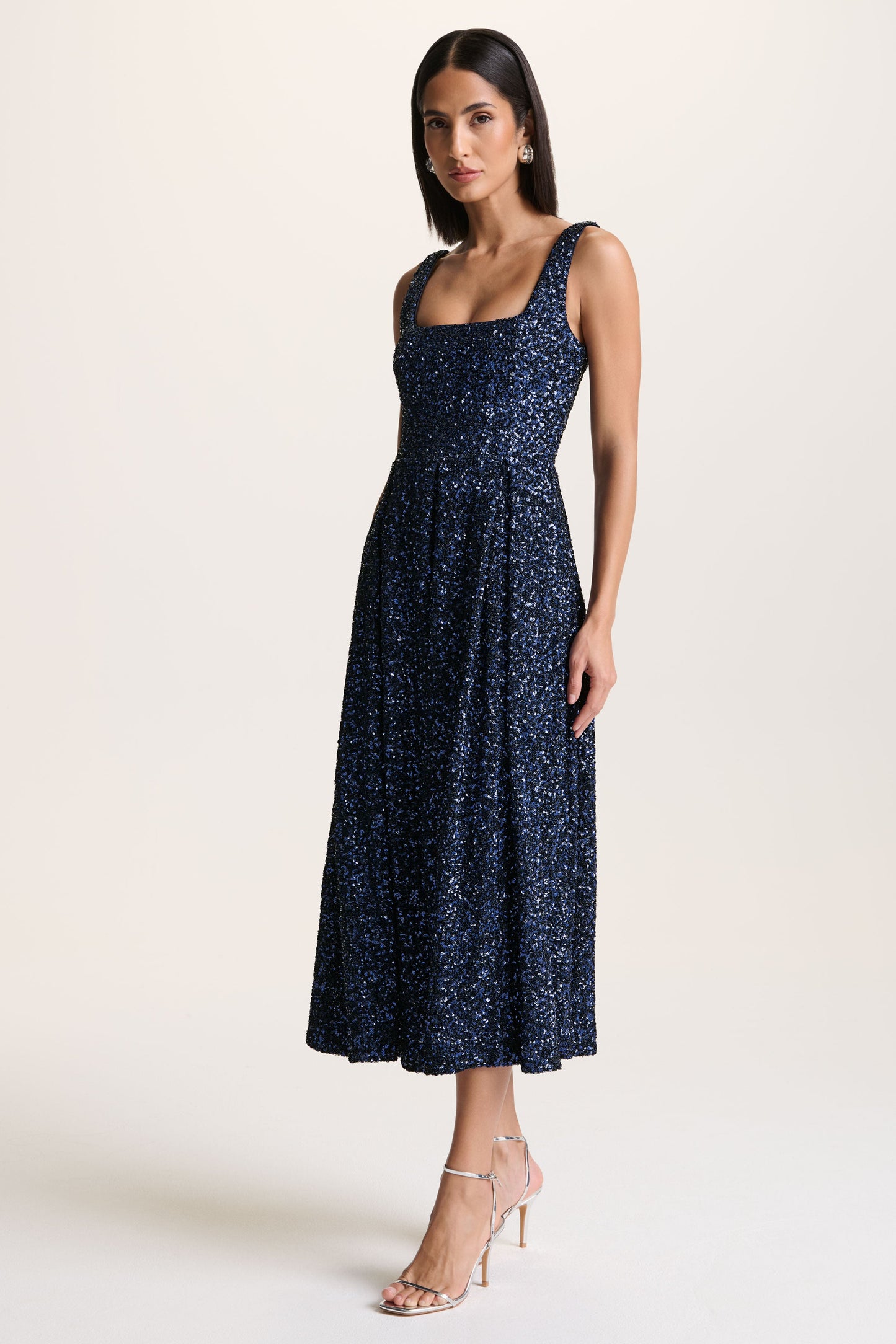 Lima | Navy Sequin Square-Neck A- Midi Dress