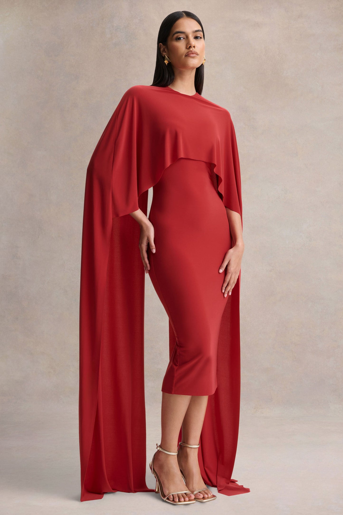 Kalani | Red Crew-Neck Midi Dress With Cape-Sleeves