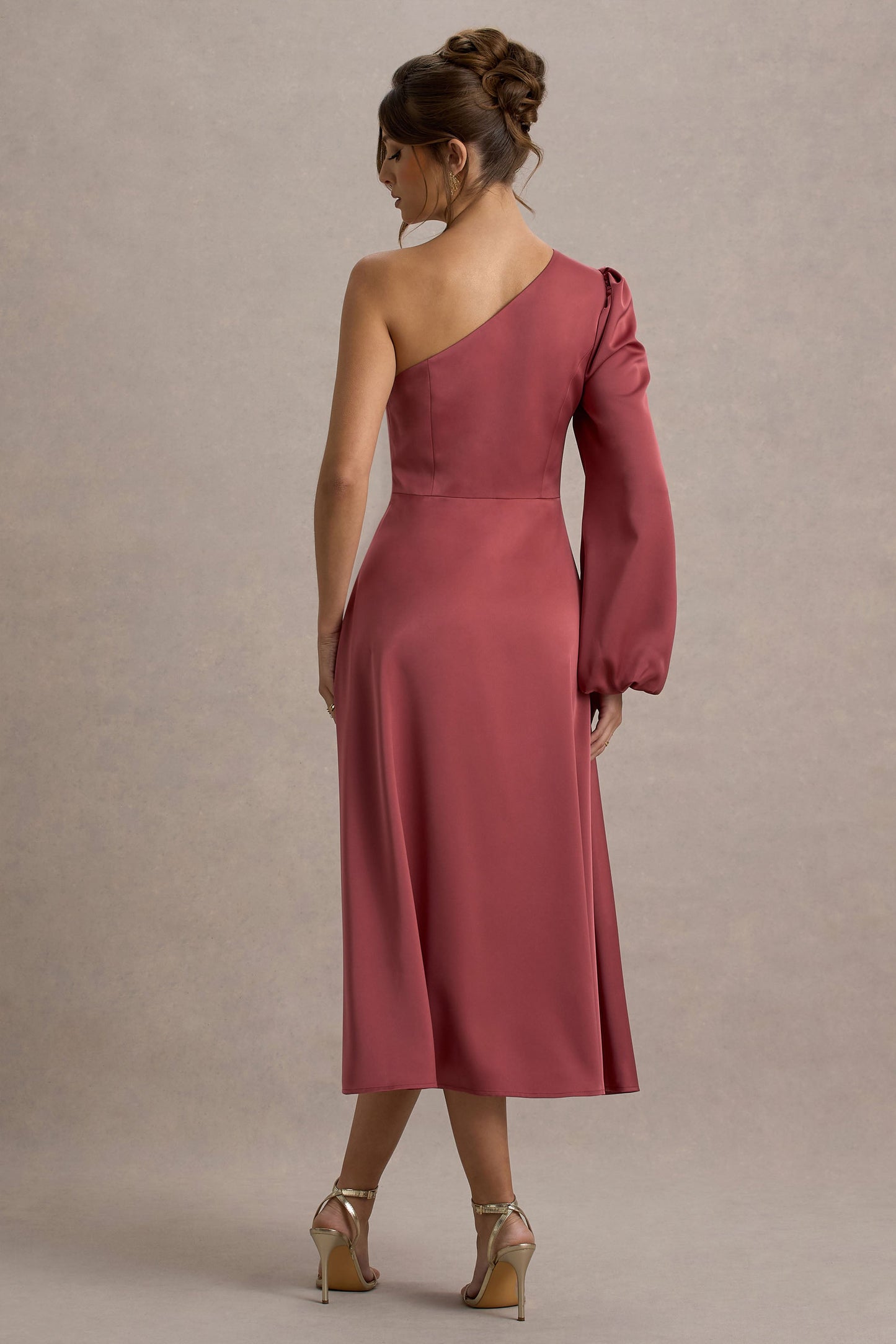 Haila | Rose Pink Satin One-Shoulder Midi Dress