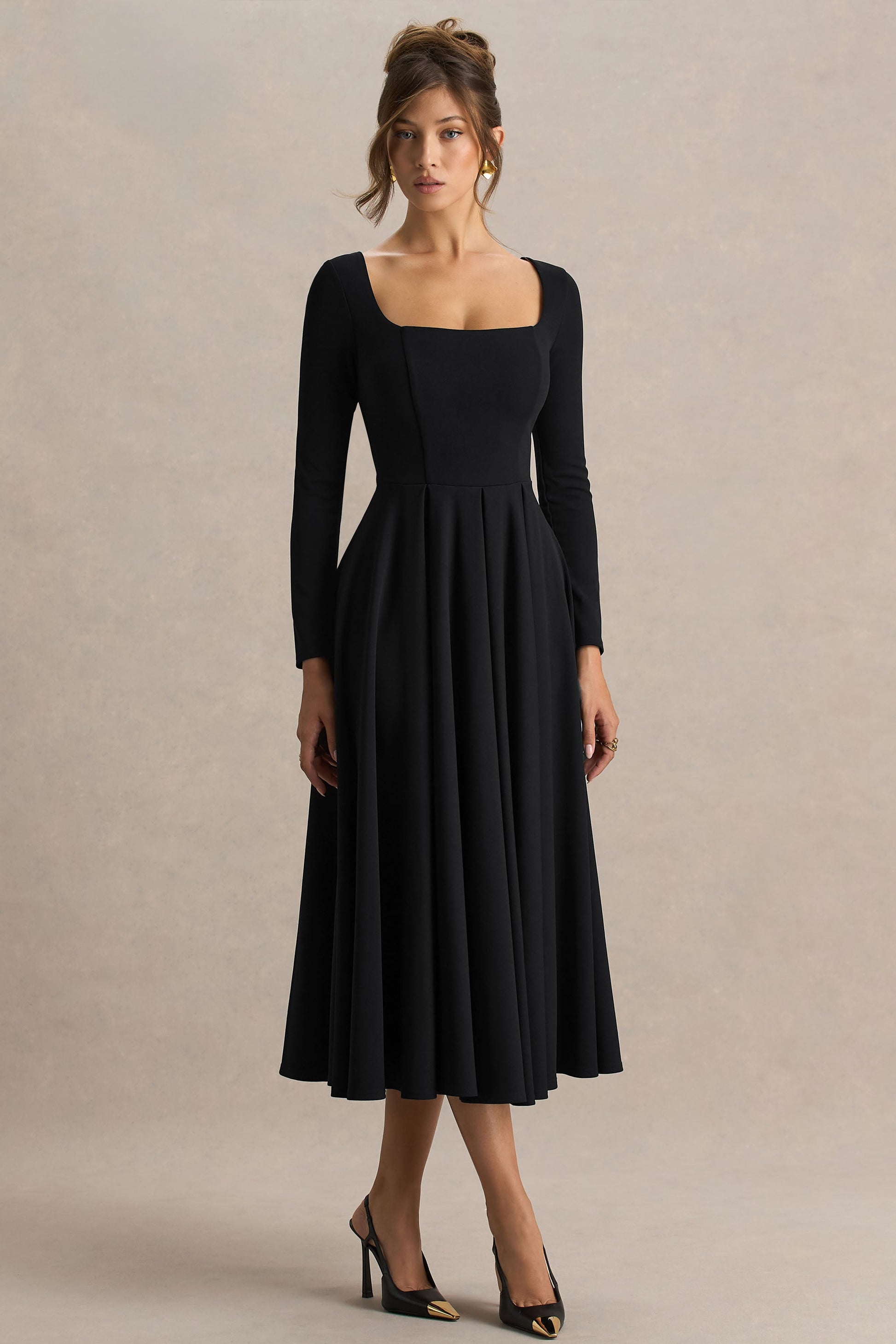 Alison | Black Square-Neck A- Midi Dress