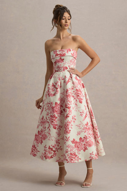 Annalise | Pink Porcelain Print Bandeau Skater Midi Dress